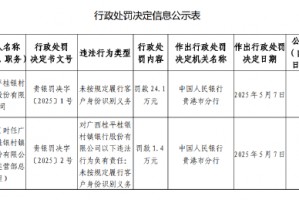 广西桂平桂银村镇银行被罚24.1万元：未按规定履行客户身份识别义务